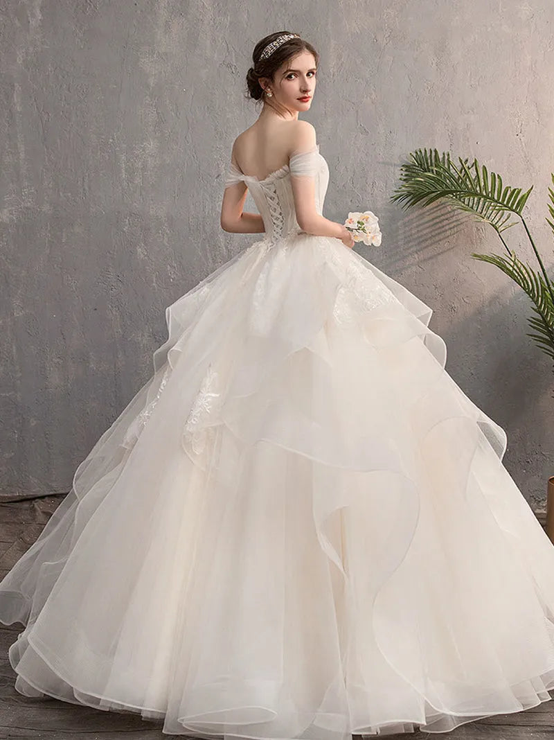 Elegant Ball Sweetheart Neck Off-Shoulder Lace-Up Tulle Back Floor-Length Wedding Dresses
