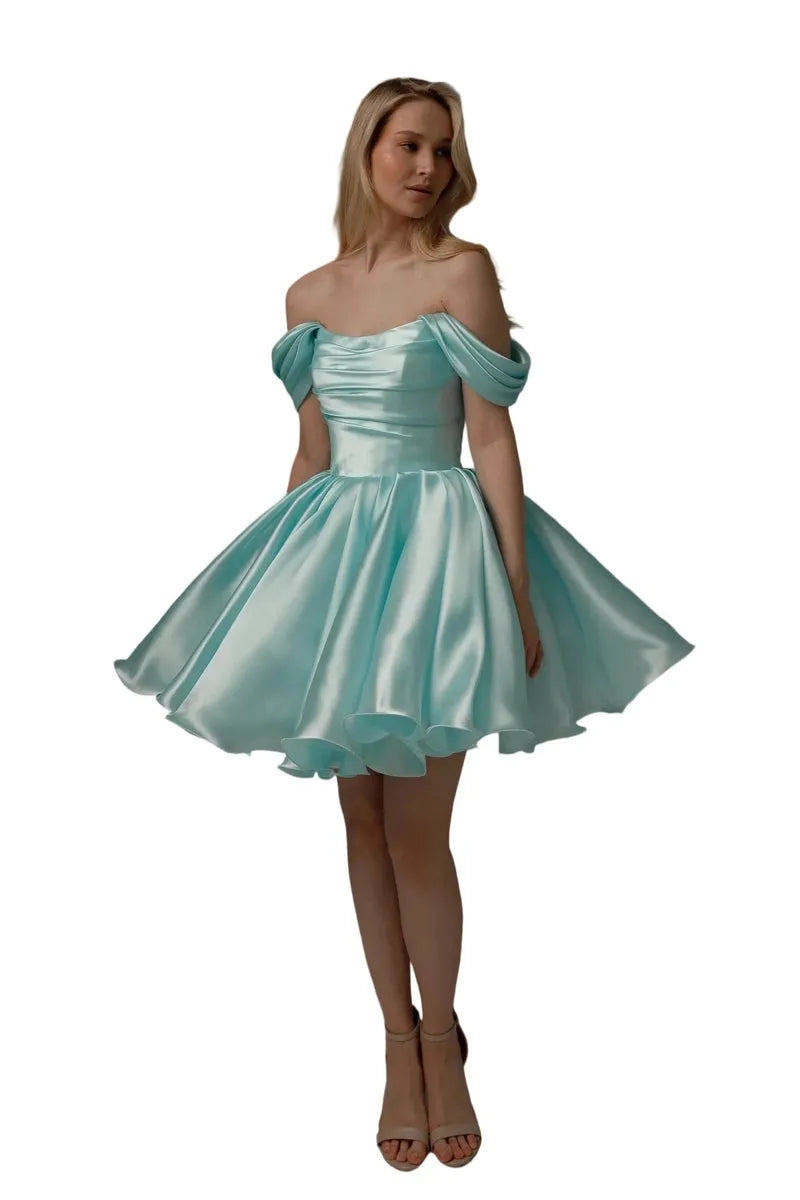 Elegant Ballgown Off Shoulder Short Sleeve Corset Back Short Ruched Homecoming Dresses