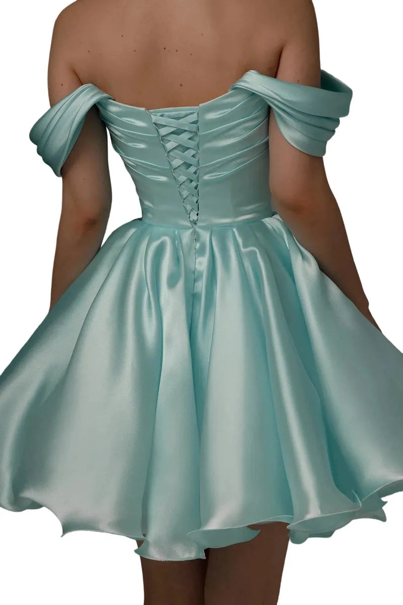 Elegant Ballgown Off Shoulder Short Sleeve Corset Back Short Ruched Homecoming Dresses