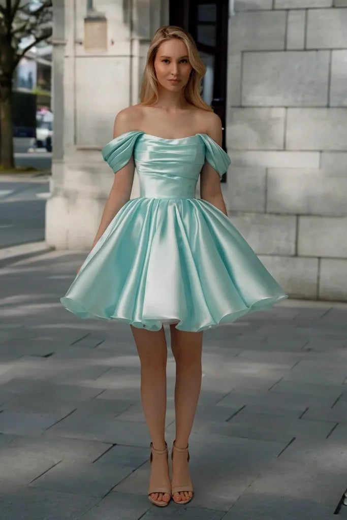 Elegant Ballgown Off Shoulder Short Sleeve Corset Back Short Ruched Homecoming Dresses