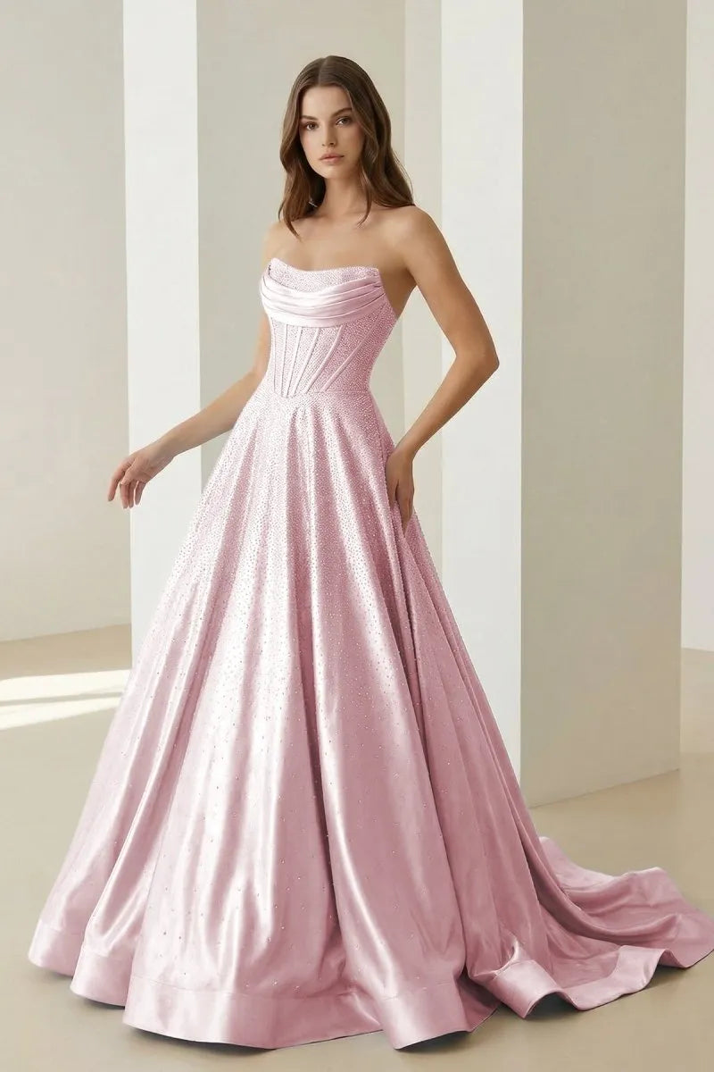 Elegant Ballgown Strapless Sleeveless Lace-Up-Back Floor-Length Prom Gown