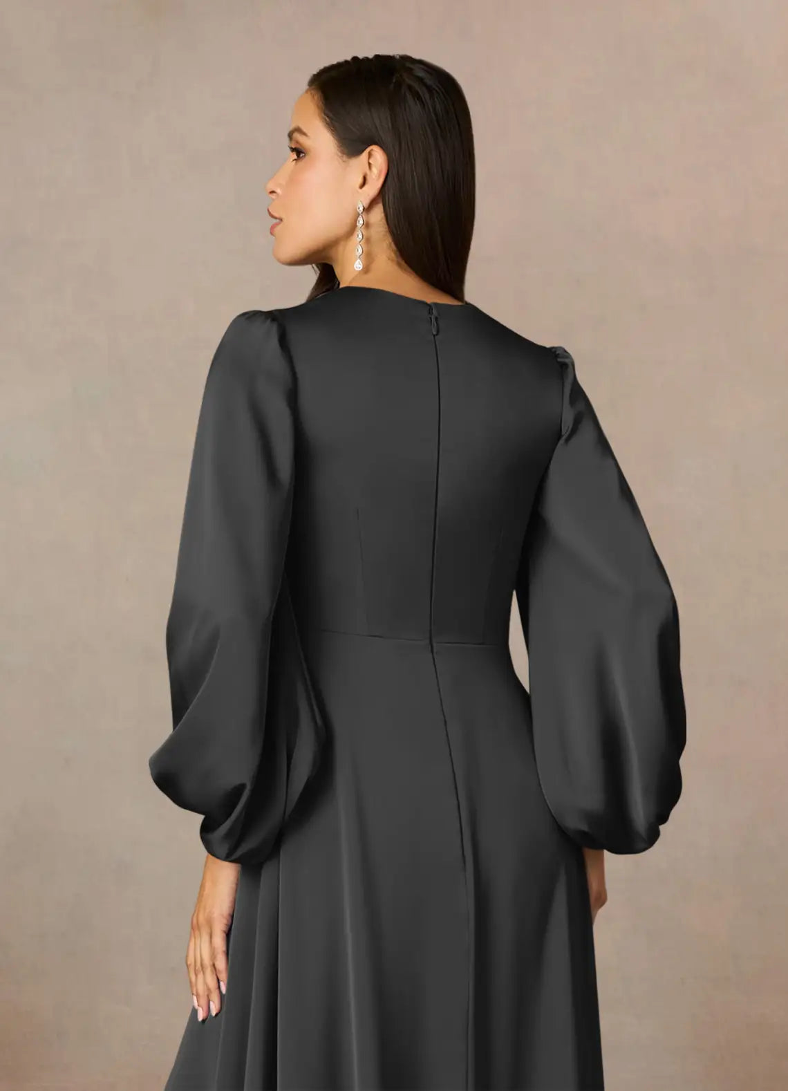 Elegant Black A-Line Deep V-Neck Bishop-Sleeve Pleated Back Zip High-Slit Floor-Length Mother of the Bride Dress