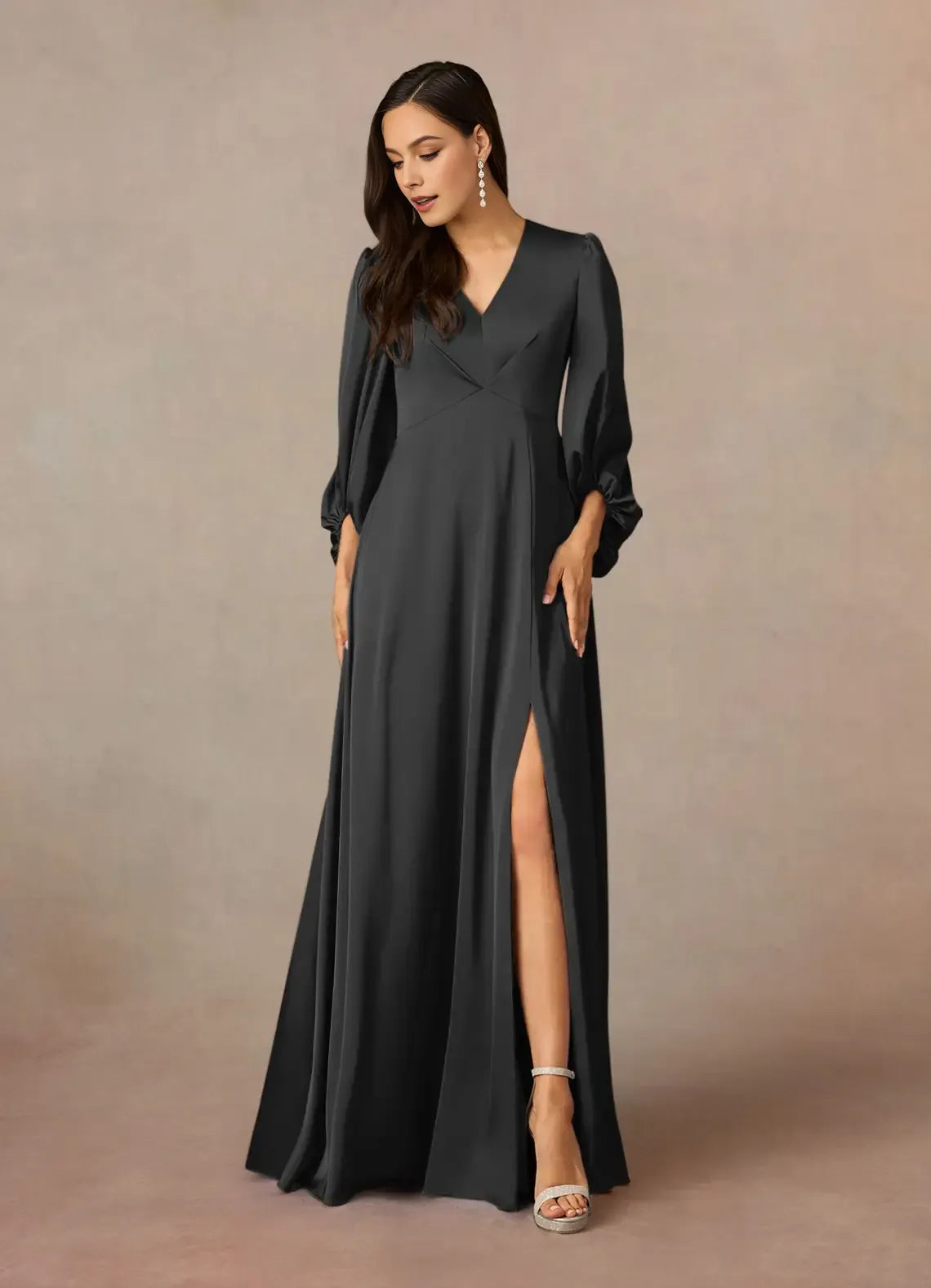 Elegant Black A-Line Deep V-Neck Bishop-Sleeve Pleated Back Zip High-Slit Floor-Length Mother of the Bride Dress