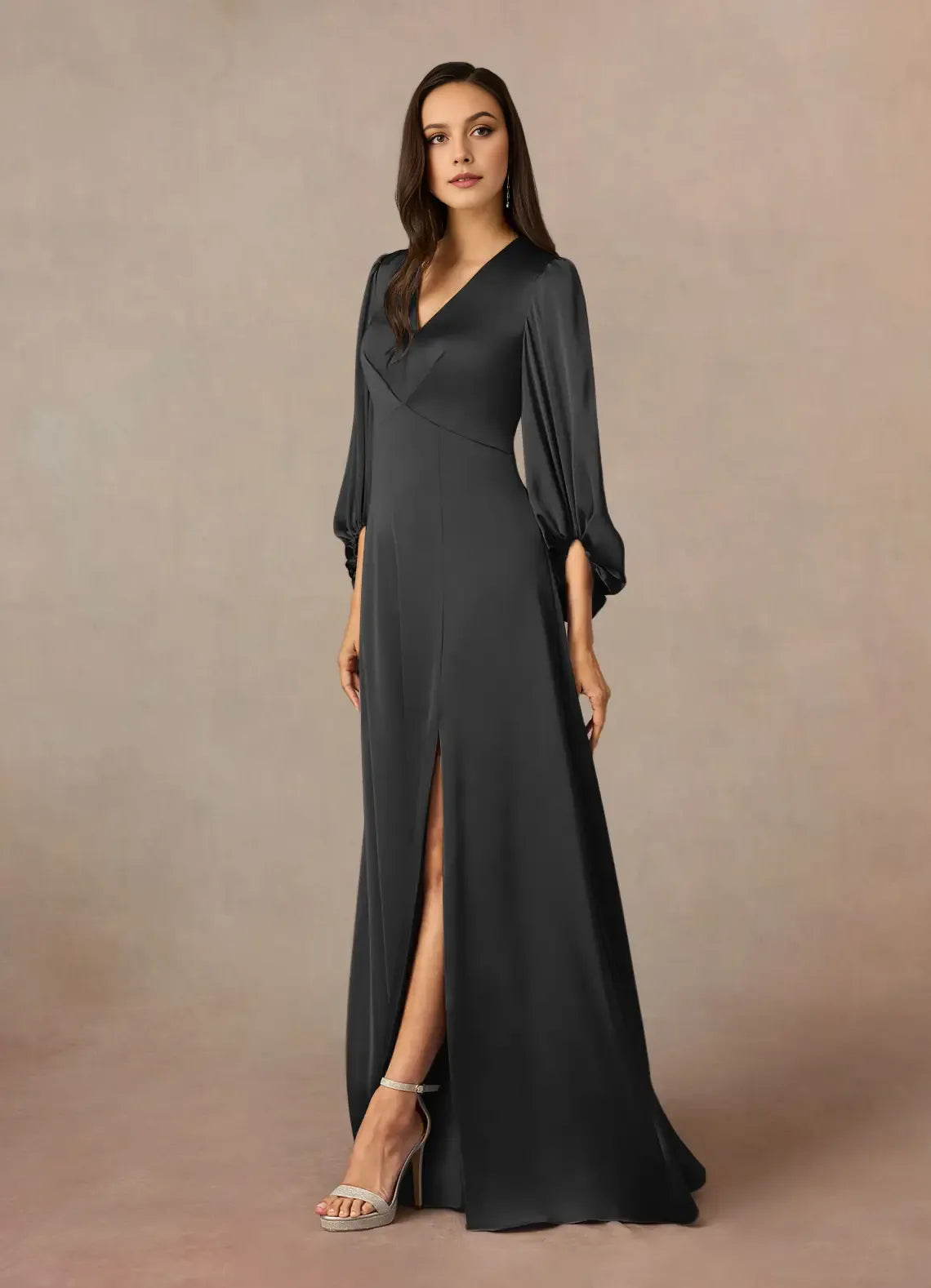 Elegant Black A-Line Deep V-Neck Bishop-Sleeve Pleated Back Zip High-Slit Floor-Length Mother of the Bride Dress