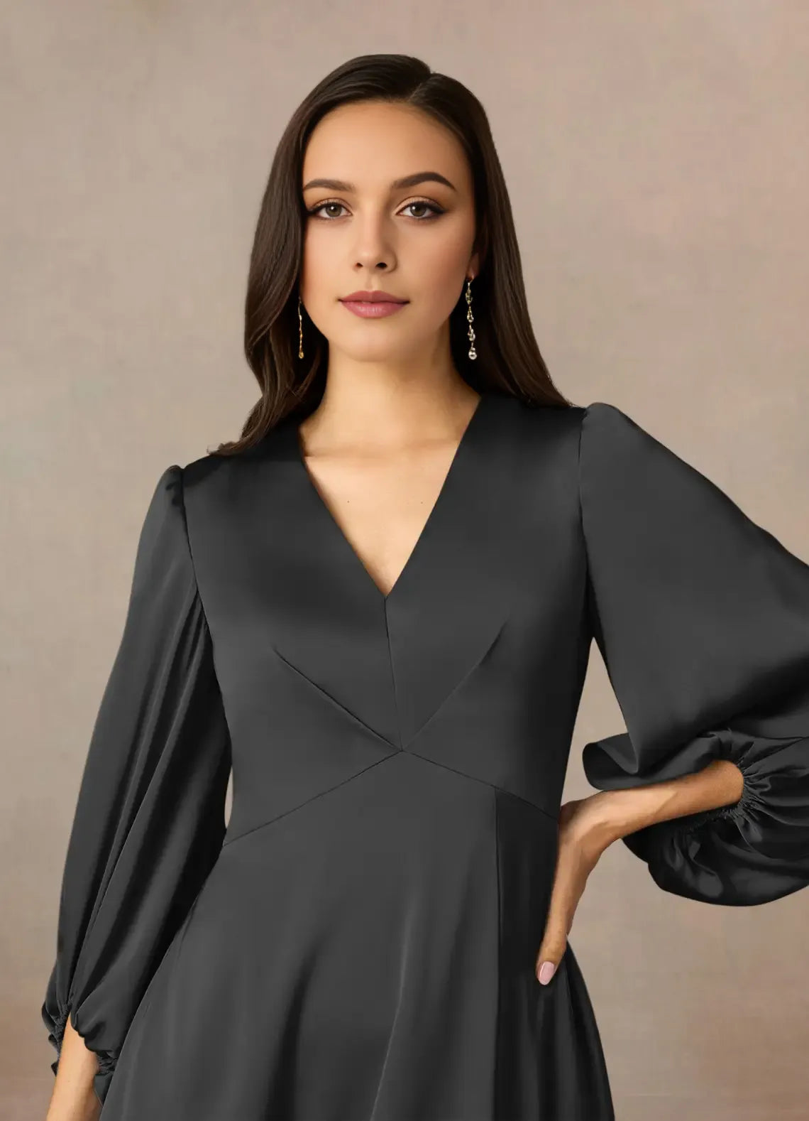 Elegant Black A-Line Deep V-Neck Bishop-Sleeve Pleated Back Zip High-Slit Floor-Length Mother of the Bride Dress