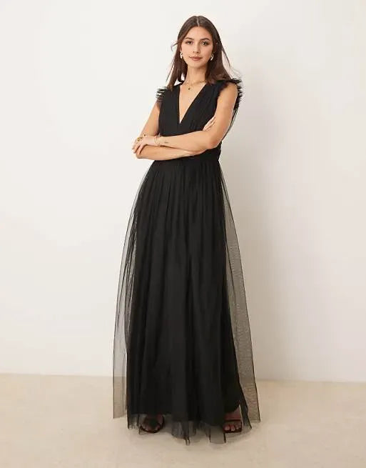 Elegant Black A-Line Deep V-Neck Sleeveless Ruffled Tulle Back Zip Floor-Length Prom Dresses for women Hot Sale