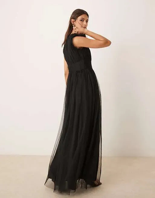 Elegant Black A-Line Deep V-Neck Sleeveless Ruffled Tulle Back Zip Floor-Length Prom Dresses for women Hot Sale