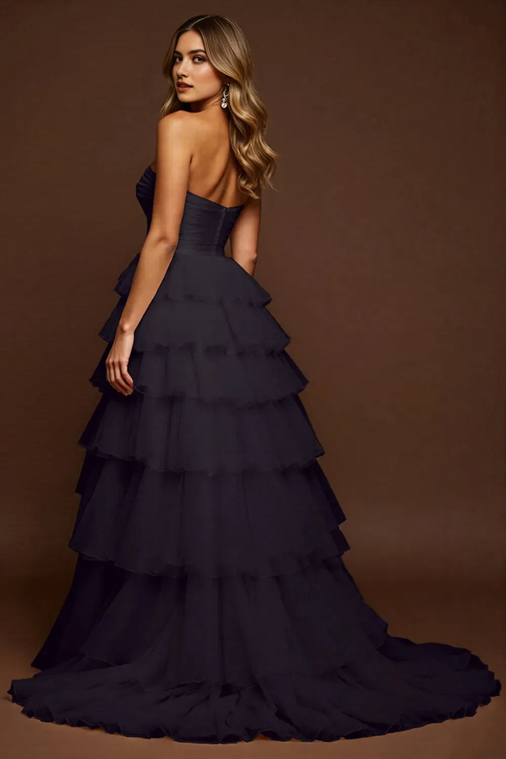 Elegant Black A-Line Strapless Sleeveless Tiered Ruffle Tulle Open-Back Sweep/Brush Train High-Slit Prom Dress Hot Sale