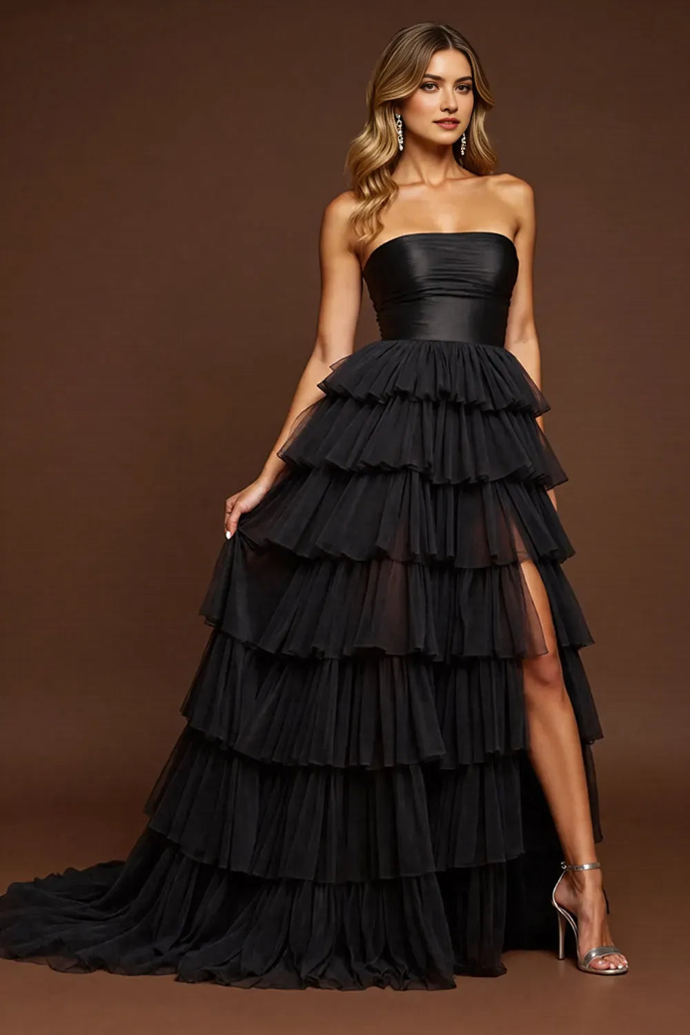 Elegant Black A-Line Strapless Sleeveless Tiered Ruffle Tulle Open-Back Sweep/Brush Train High-Slit Prom Dress Hot Sale
