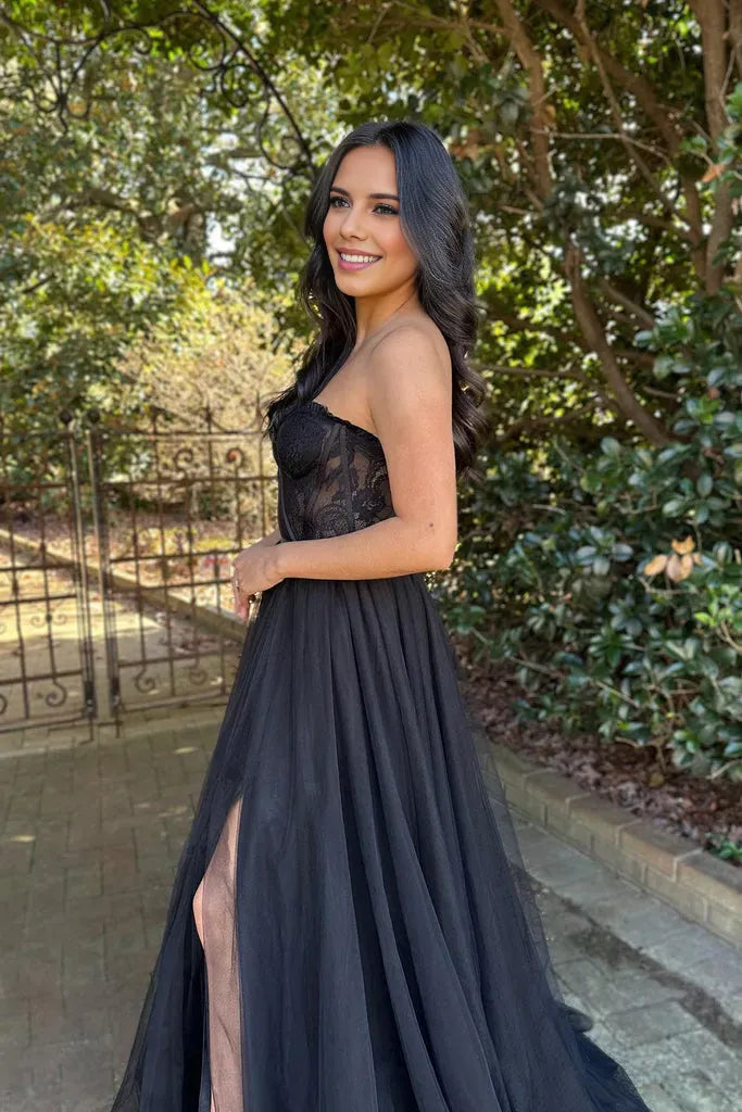 Elegant Black A-Line Sweetheart Neck Sleeveless Lace Up Lace Tulle Floor-Length High Slit Prom Dress