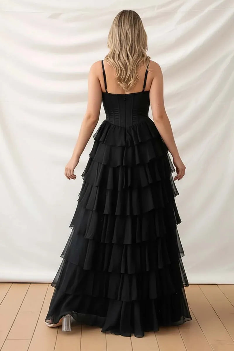 Elegant Black A-Line Sweetheart Spaghetti Strap Back Zip Floor-Length Ruffle Prom Dress with Slit