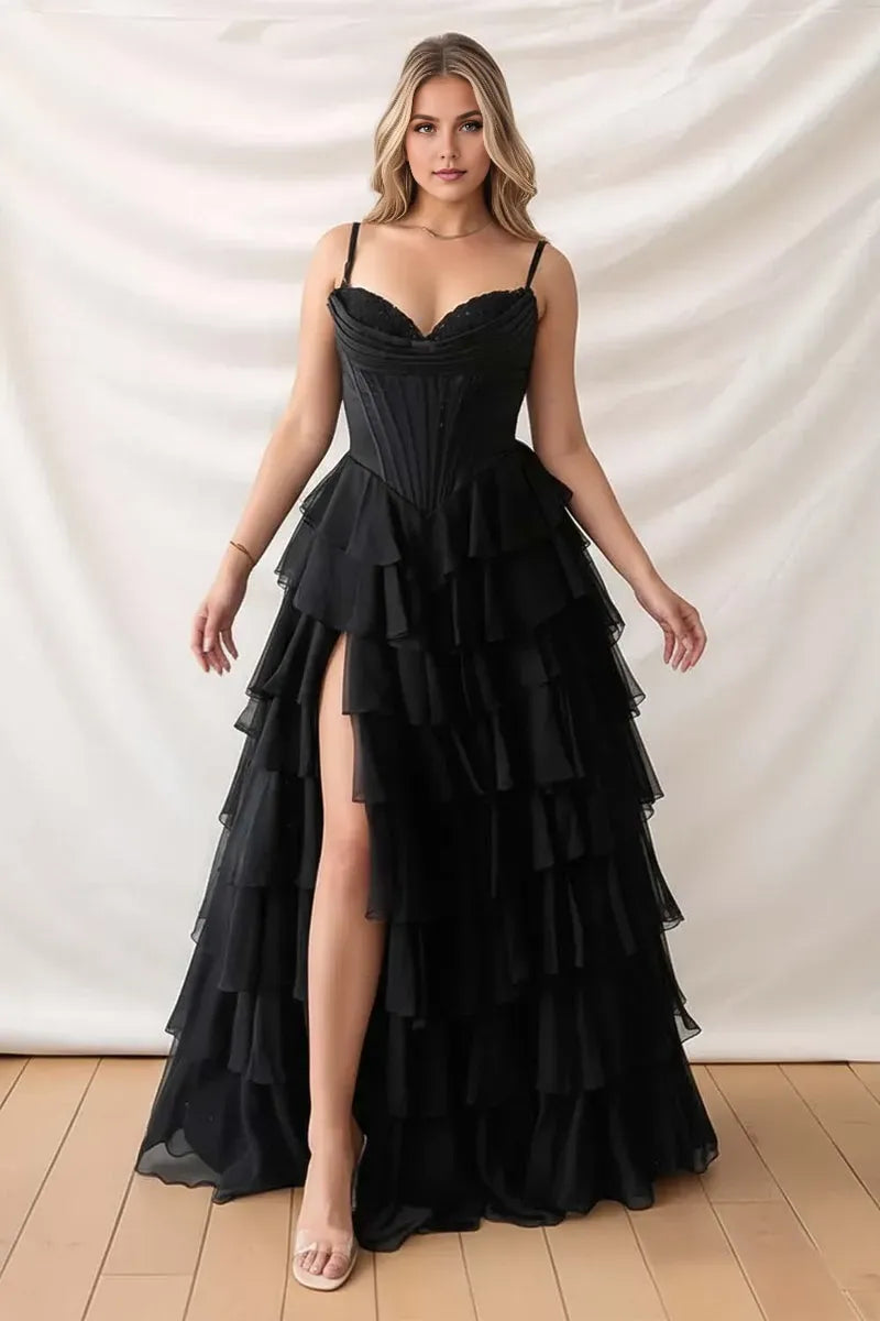 Elegant Black A-Line Sweetheart Spaghetti Strap Back Zip Floor-Length Ruffle Prom Dress with Slit