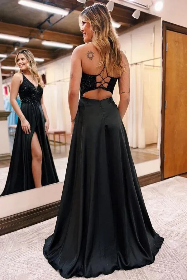 Elegant Black A-Line V-Neck Sleeveless Sequin Bodice Crisscross-Back High Slit Prom Dress  ﻿