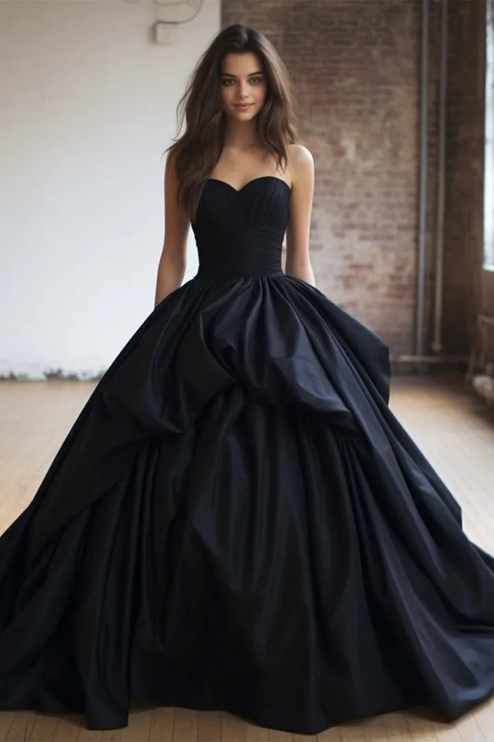 Elegant Black Ball Gown Sweetheart Sleeveless Back Zip Sweep/Brush Train Prom Dresses Hot Sale
