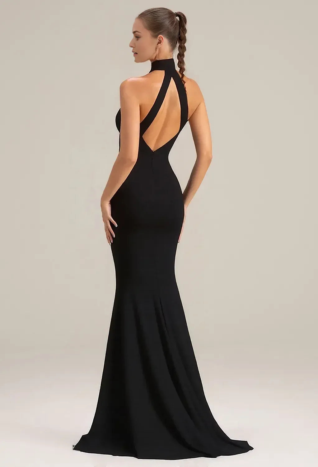 Elegant Black Mermaid Halter Neckline Sleeveless Back Zip Keyhole Plunge High Side Slit Floor-Length Prom Dresses