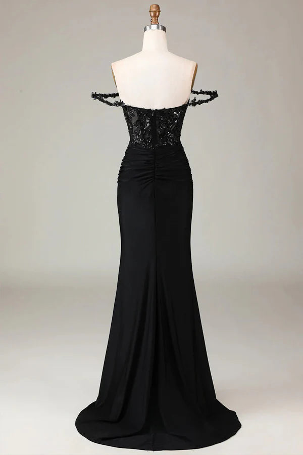 Elegant Black Mermaid Off-Shoulder Sleeveless Back Zip Lace Ruched Appliques Floor-Length Prom Dress
