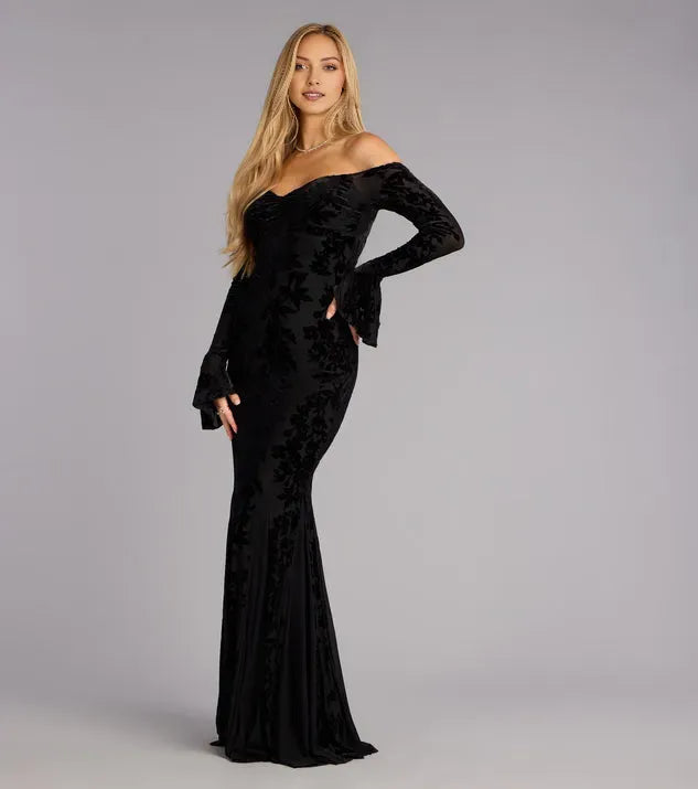 Elegant Black Mermaid Off-The-Shoulder Neckline Long bell Sleeves Floral-Velvet Floor-Length Prom Dresses