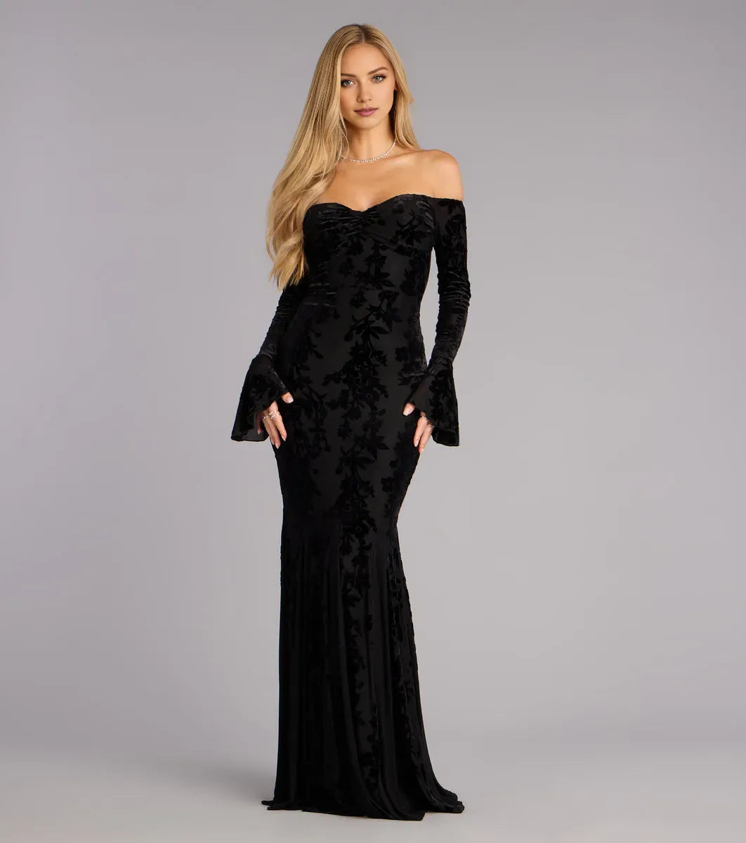Elegant Black Mermaid Off-The-Shoulder Neckline Long bell Sleeves Floral-Velvet Floor-Length Prom Dresses