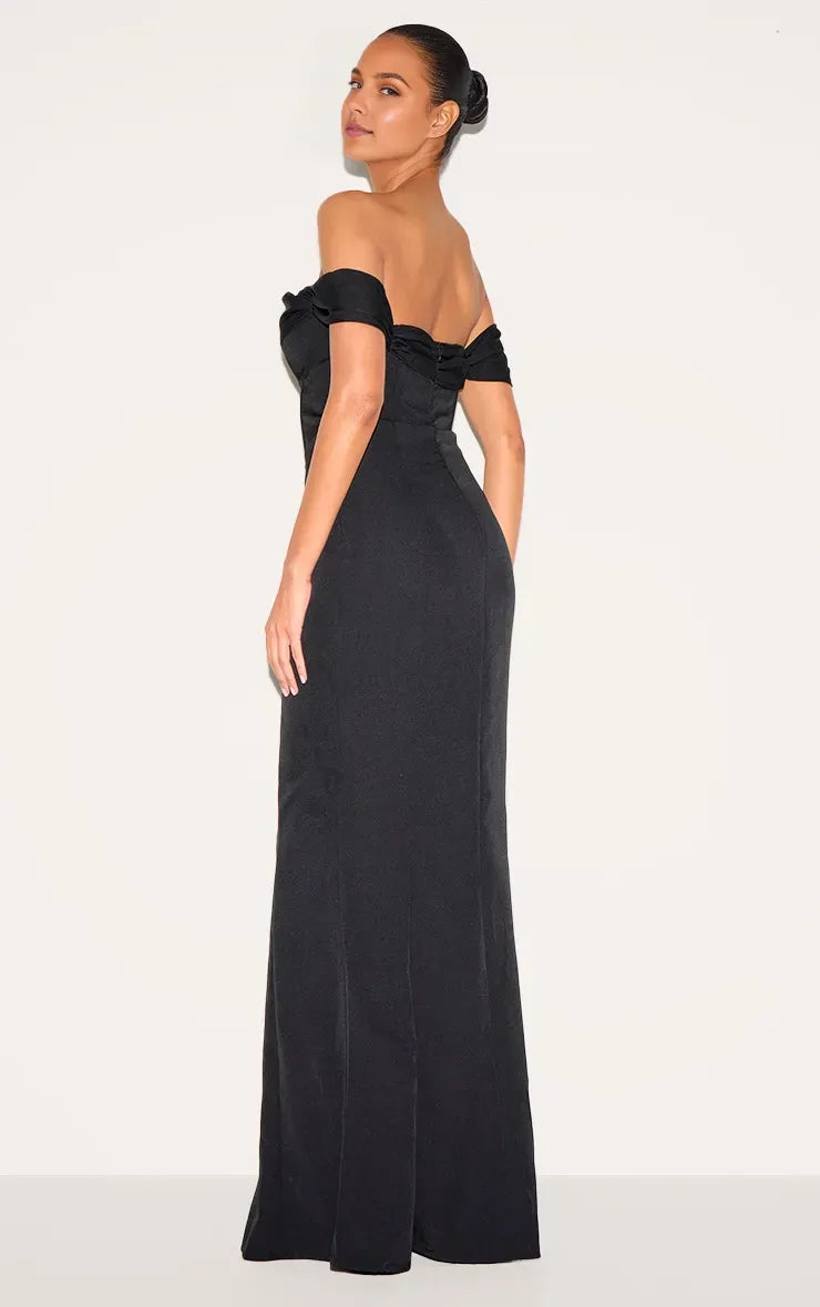 Elegant Black Mermaid Off-the-Shoulder Sleeveless Back Zip Floor-Length Satin Prom Dresses with Bow Detail