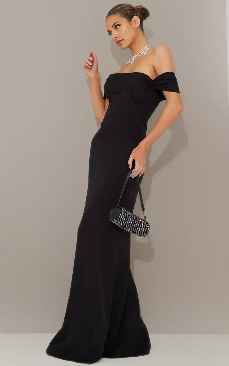 Elegant Black Mermaid Off-the-Shoulder Sleeveless Back Zip Floor-Length Satin Prom Dresses with Bow Detail