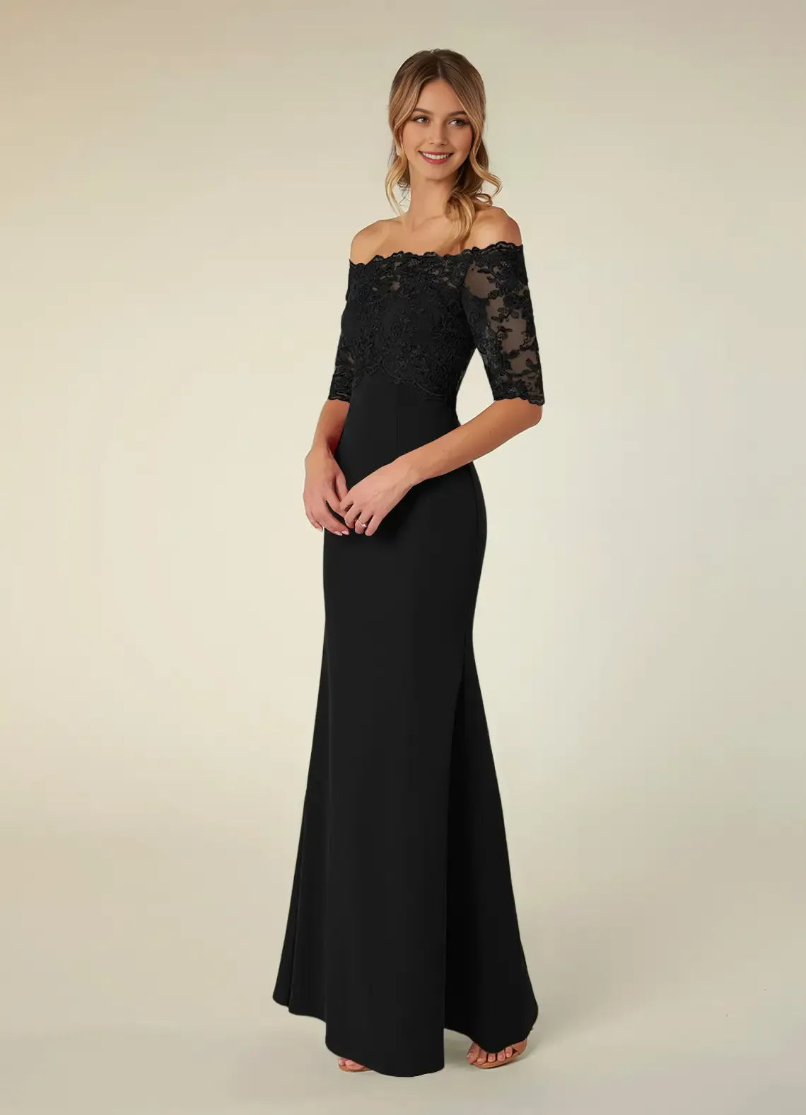 Elegant Black Mermaid Off the Shoulder Three-Quarter Sleeve Lace Embellished Back Zip Floor-Length Mother of the Bride Dress