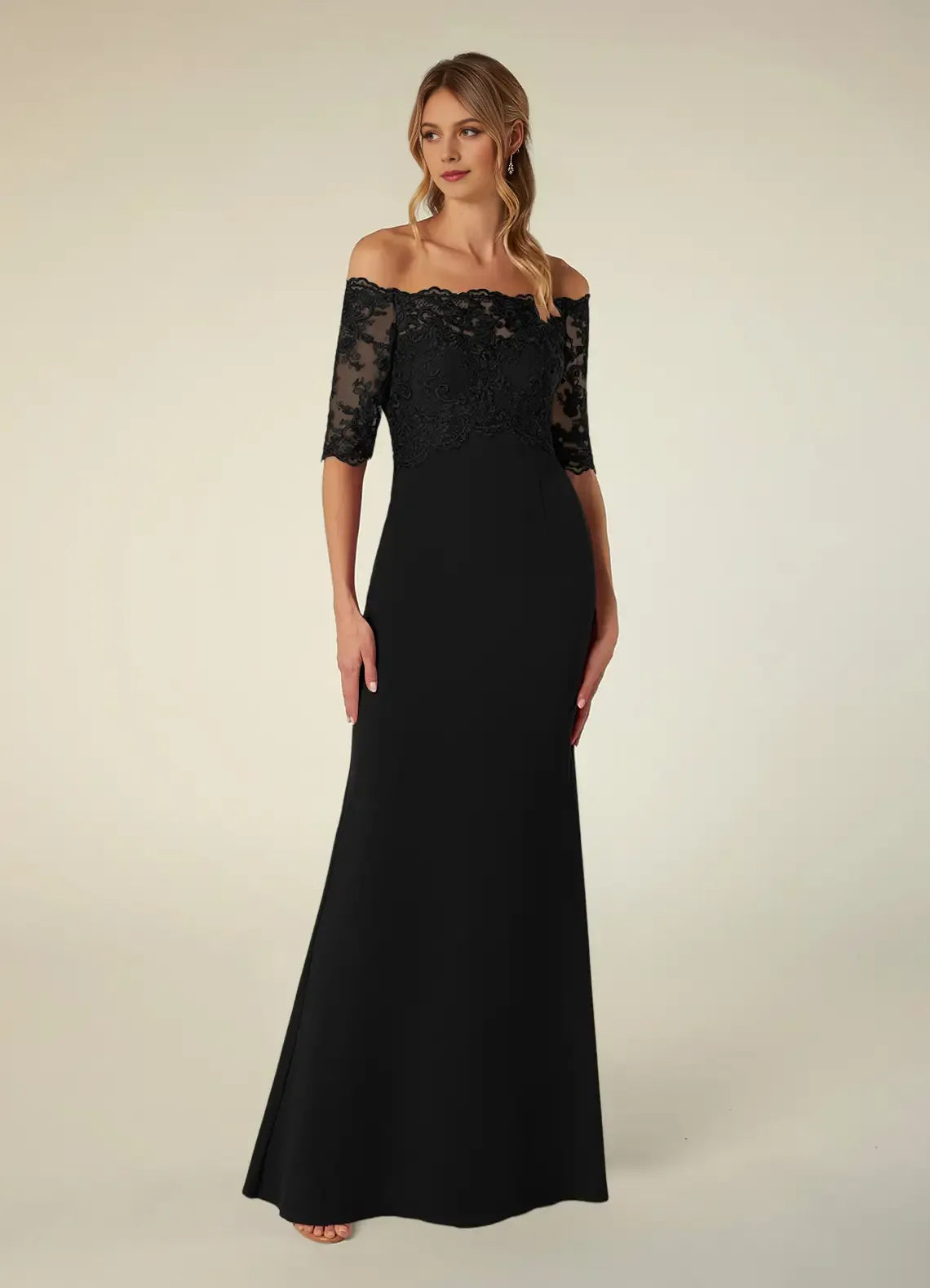 Elegant Black Mermaid Off the Shoulder Three-Quarter Sleeve Lace Embellished Back Zip Floor-Length Mother of the Bride Dress