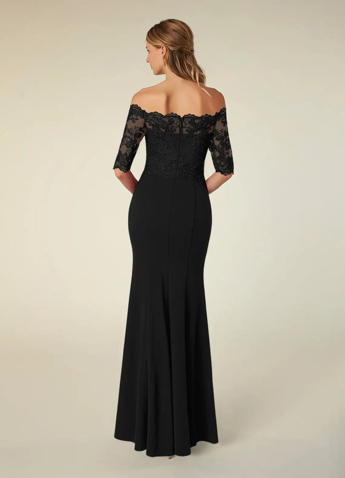 Elegant Black Mermaid Off the Shoulder Three-Quarter Sleeve Lace Embellished Back Zip Floor-Length Mother of the Bride Dress