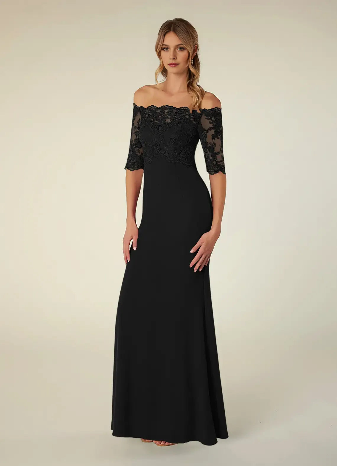 Elegant Black Mermaid Off the Shoulder Three-Quarter Sleeve Lace Embellished Back Zip Floor-Length Mother of the Bride Dress