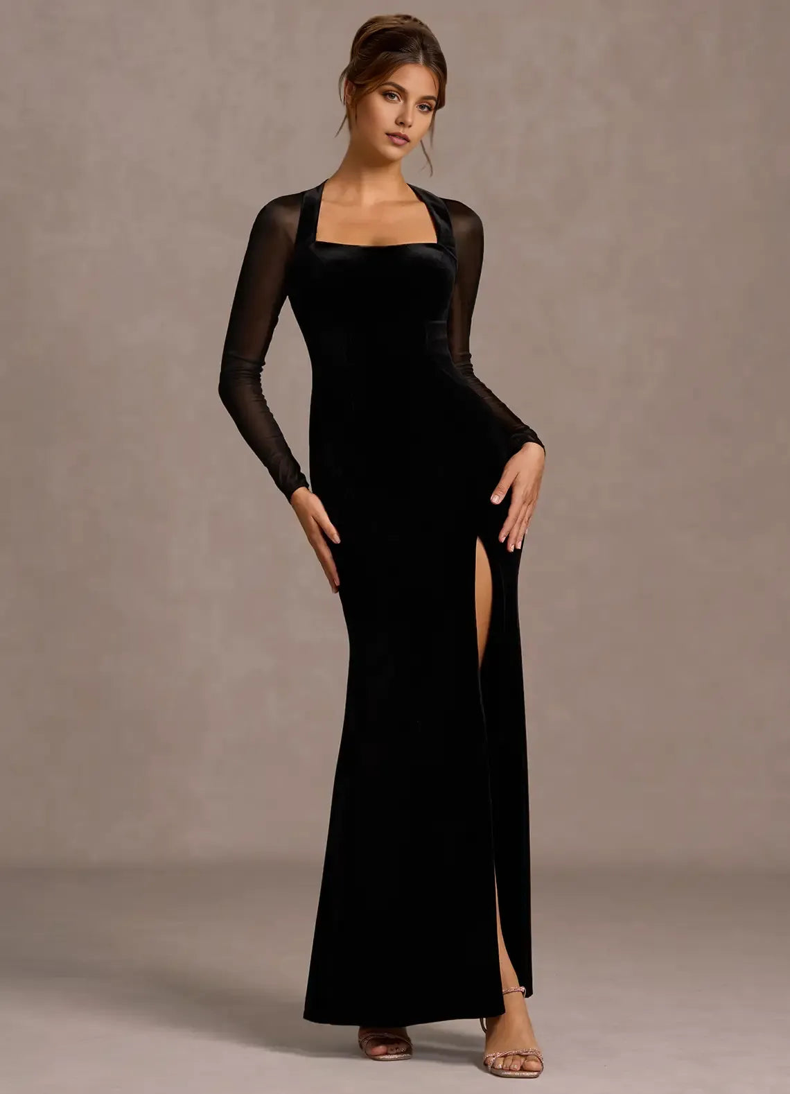 Elegant Black Mermaid Square Neck Long Sleeve Back Zip Sheer-Panel Slit Floor-Length Prom Dresses
