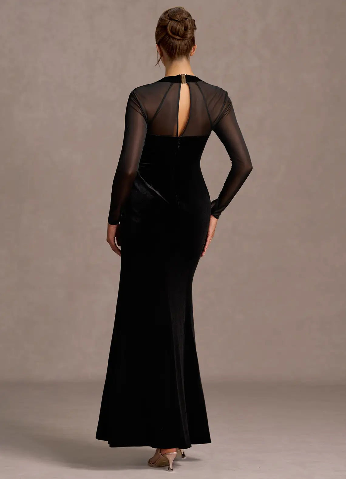Elegant Black Mermaid Square Neck Long Sleeve Back Zip Sheer-Panel Slit Floor-Length Prom Dresses