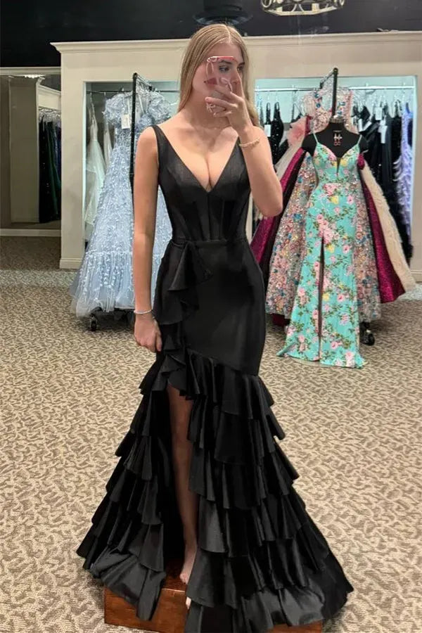 Elegant Black Mermaid V-Neck Spaghetti Straps Crisscross -Back Ruffle Tiered Satin Floor-Length Prom Dresses