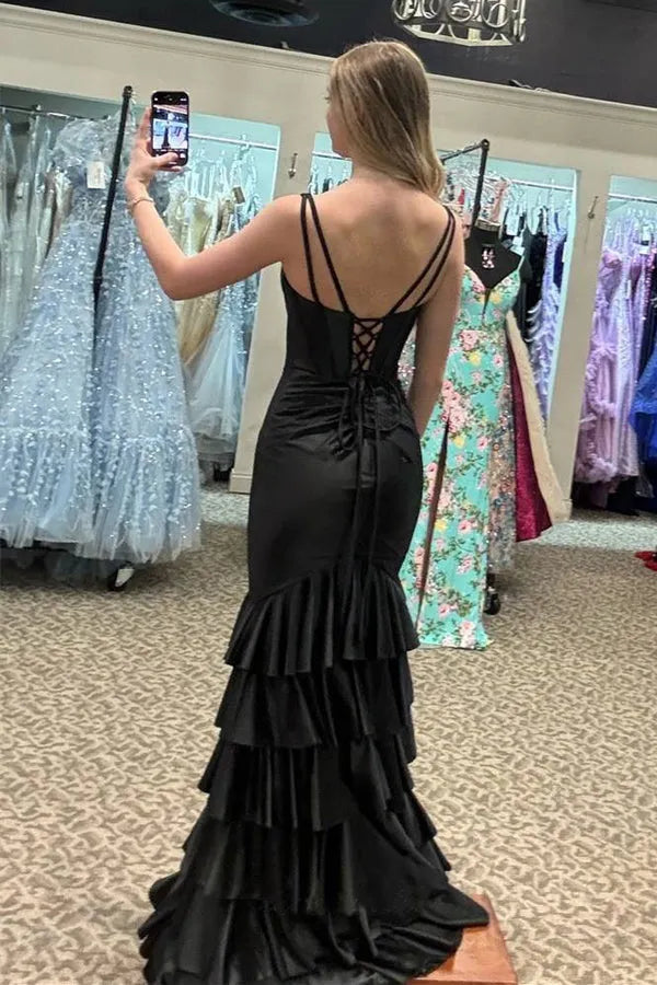 Elegant Black Mermaid V-Neck Spaghetti Straps Crisscross -Back Ruffle Tiered Satin Floor-Length Prom Dresses