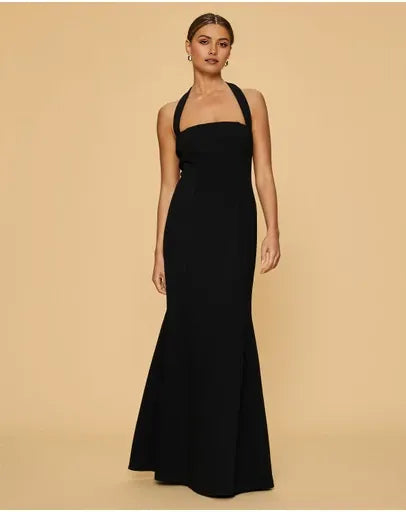 Elegant Black Sheath Halter-Neck Sleeveless Tie-Back Floor-Length Prom Dresses hot sale for women