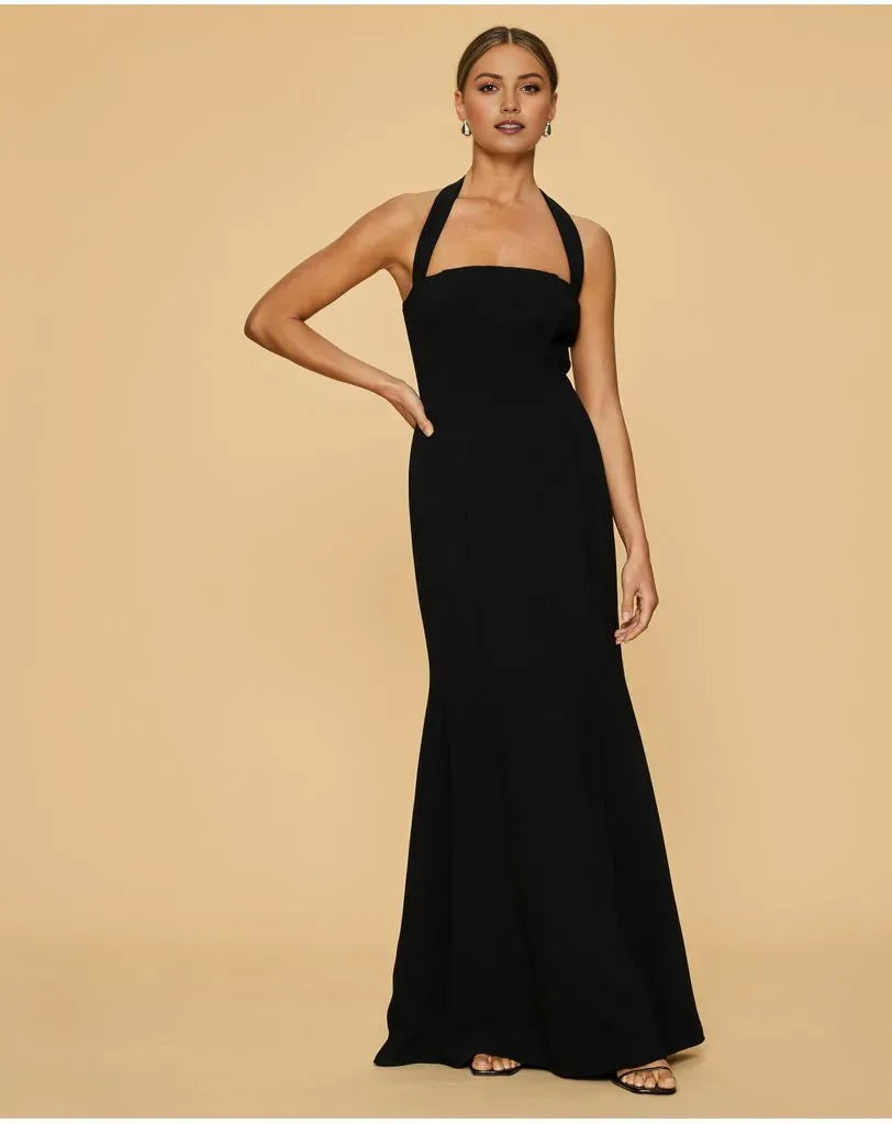 Elegant Black Sheath Halter-Neck Sleeveless Tie-Back Floor-Length Prom Dresses hot sale for women