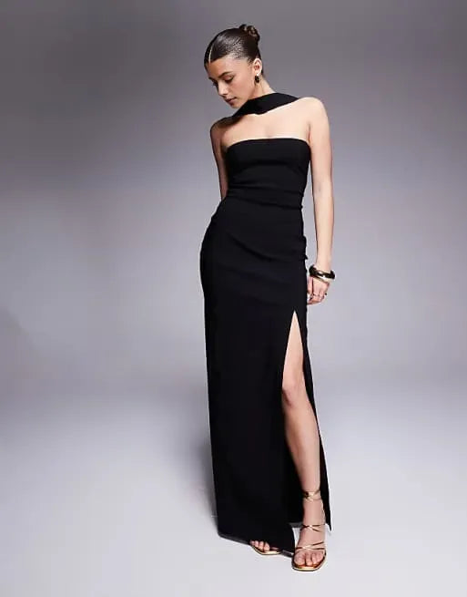 Elegant Black Sheath One-Shoulder Sleeveless High Side Slit Back Zip Floor-Length Prom Dresses for sale