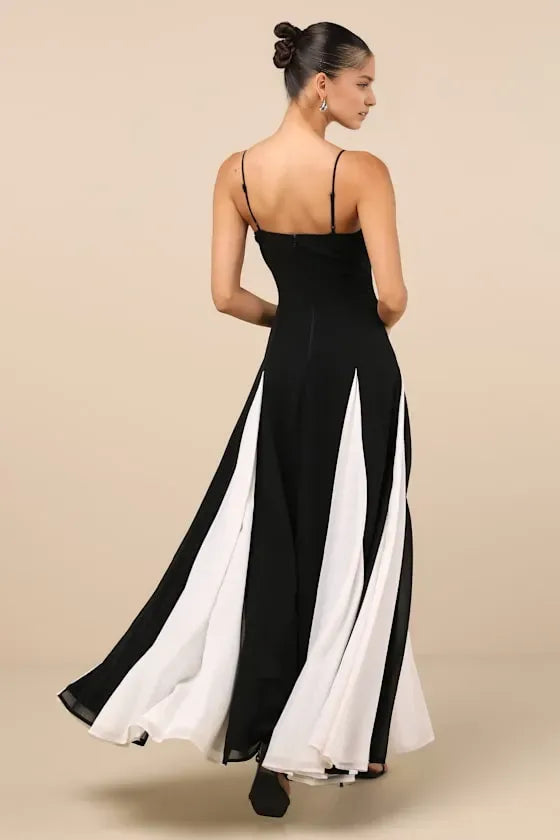 Elegant Black & White A-Line V-Neck Spaghetti Strap Back Zip Back Ankle-Length Prom Dress