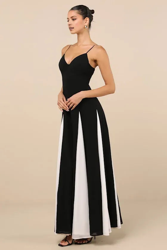 Elegant Black & White A-Line V-Neck Spaghetti Strap Back Zip Back Ankle-Length Prom Dress