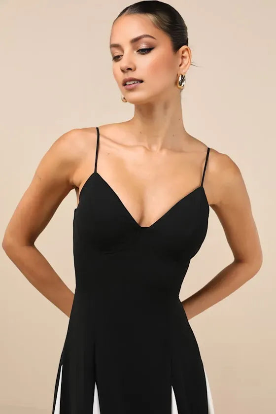 Elegant Black & White A-Line V-Neck Spaghetti Strap Back Zip Back Ankle-Length Prom Dress