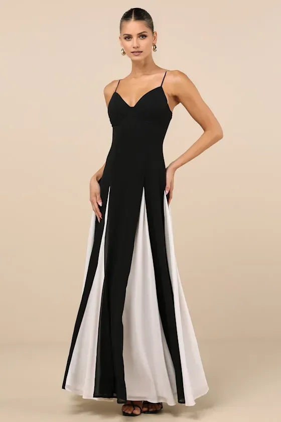 Elegant Black & White A-Line V-Neck Spaghetti Strap Back Zip Back Ankle-Length Prom Dress