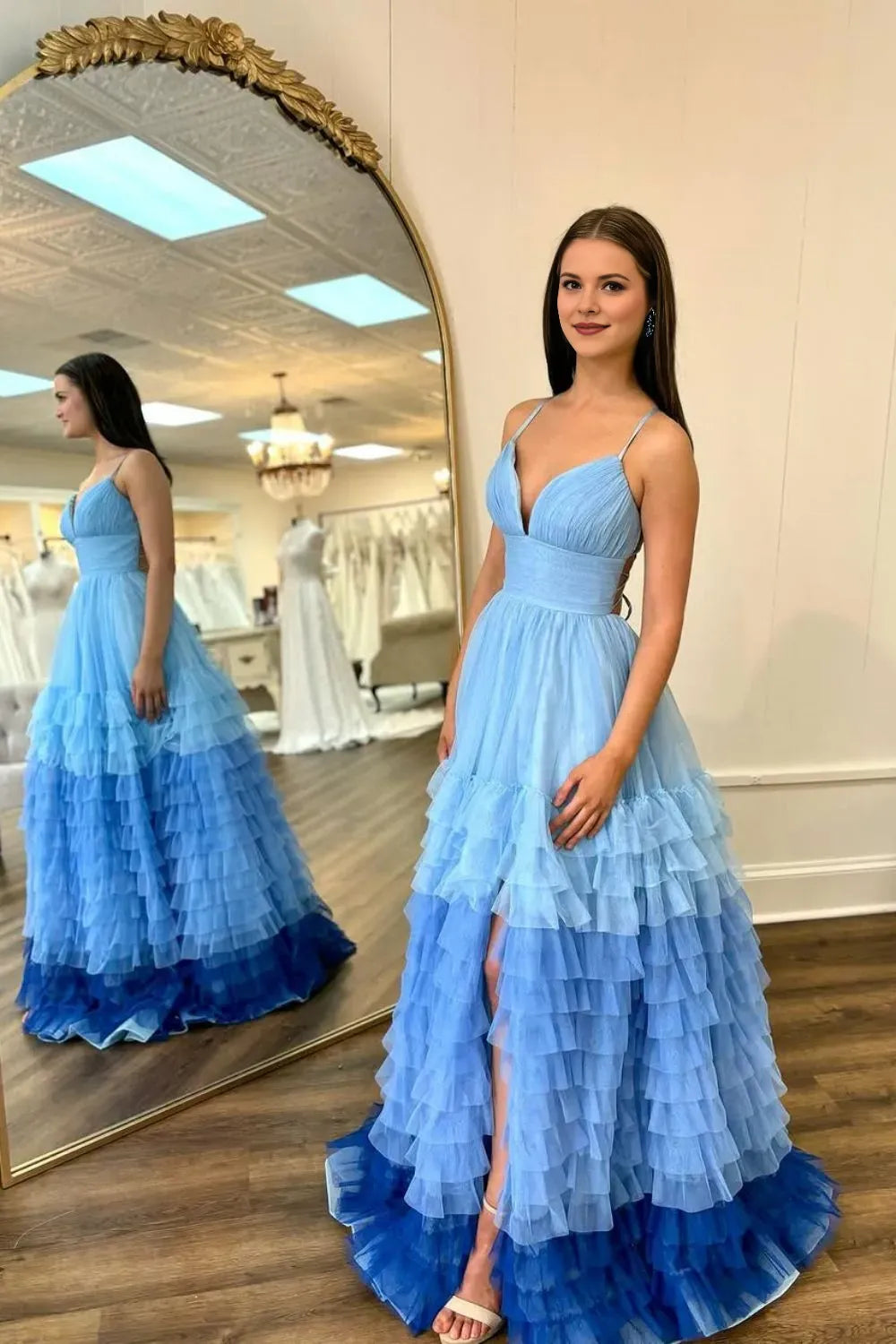 Elegant Blue A-Line Deep V-Neck Sleeveless Cross-Back Lace Up Tiered Tulle Floor-Length High-Slit Prom Dress