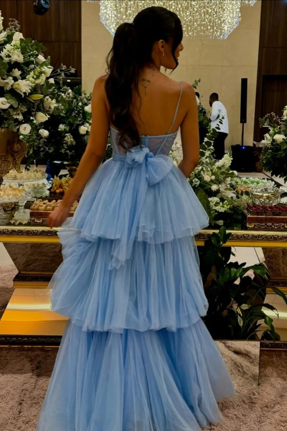 Elegant Blue A-Line Sweetheart Neck Sleeveless Corset Tiered Tulle Bow-Back Floor-Length Prom Dress with Ruffles