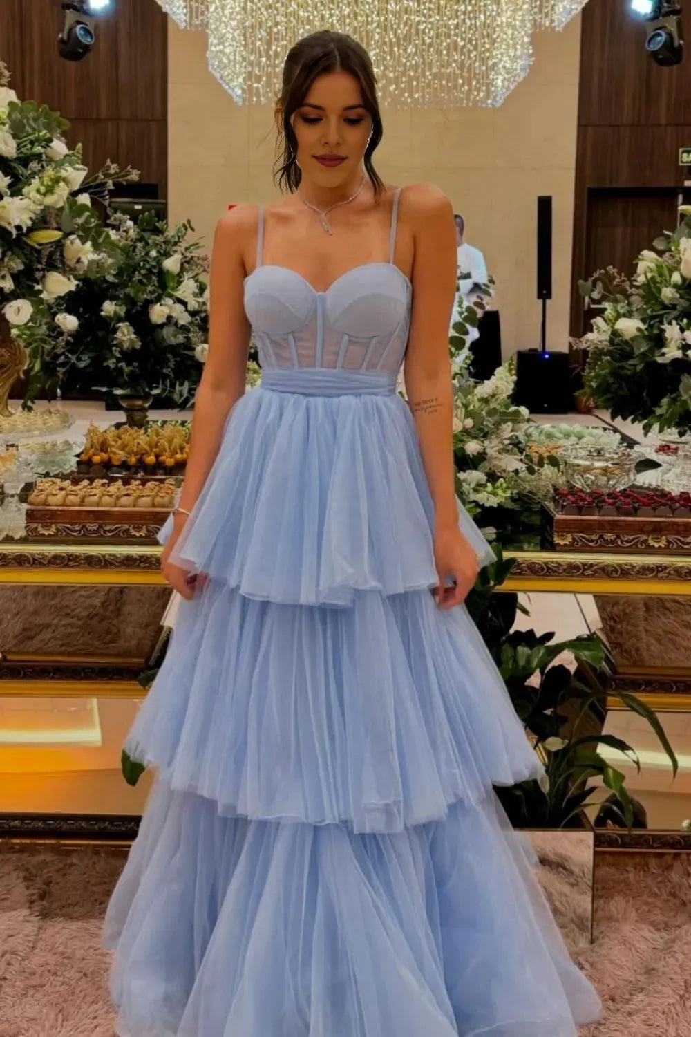 Elegant Blue A-Line Sweetheart Neck Sleeveless Corset Tiered Tulle Bow-Back Floor-Length Prom Dress with Ruffles