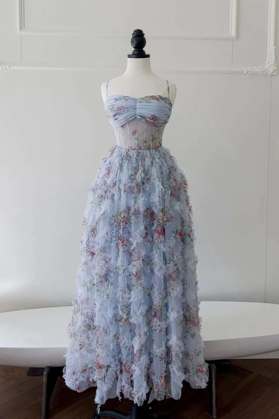 Elegant Blue A-Line Sweetheart Neck Spaghetti Strap Floral-Printed Ruffled Tiered Back Zip  Floor-Length Prom Dresses
