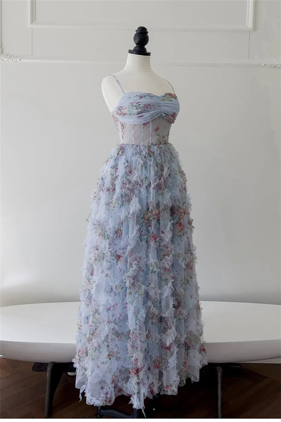 Elegant Blue A-Line Sweetheart Neck Spaghetti Strap Floral-Printed Ruffled Tiered Back Zip  Floor-Length Prom Dresses