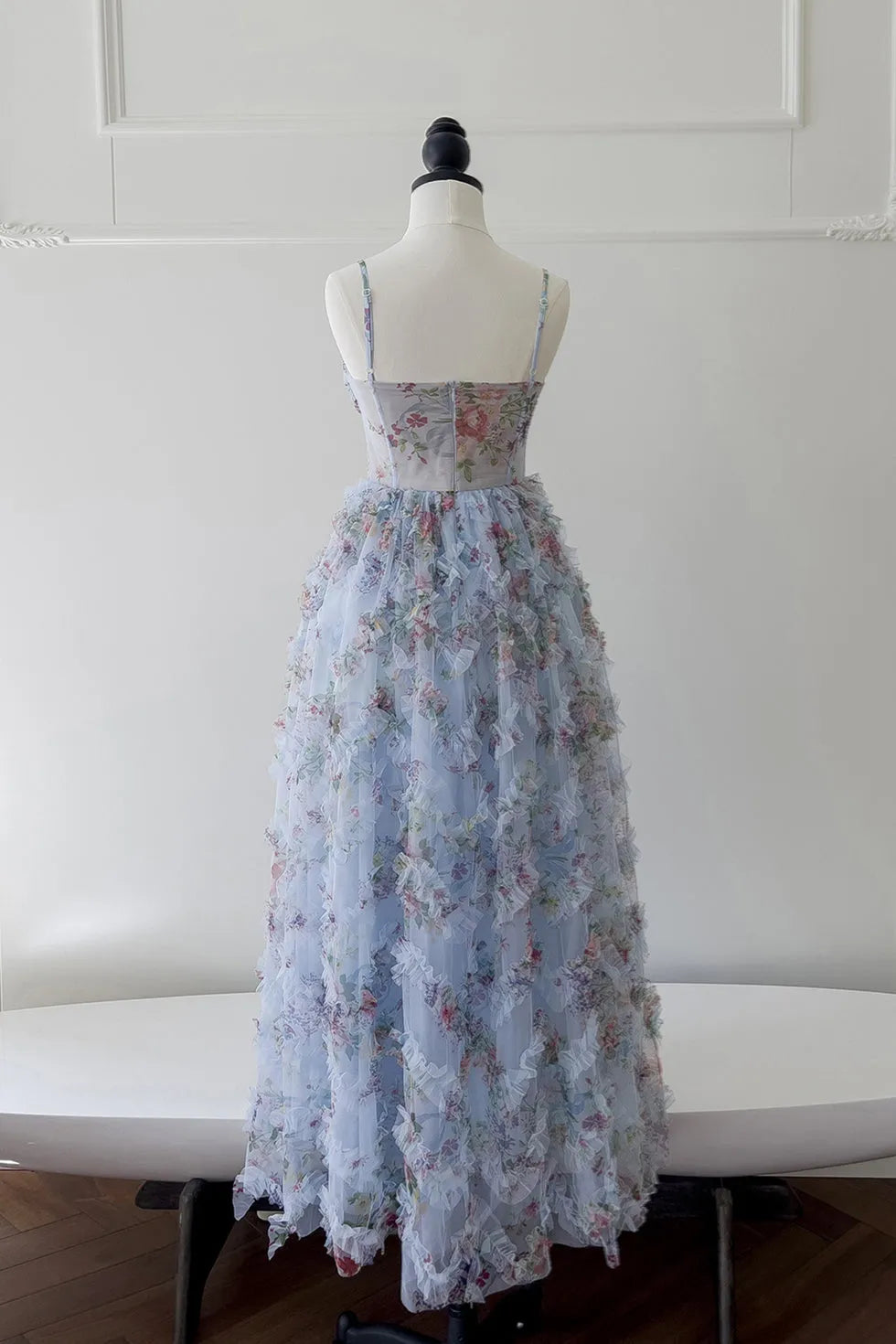 Elegant Blue A-Line Sweetheart Neck Spaghetti Strap Floral-Printed Ruffled Tiered Back Zip  Floor-Length Prom Dresses