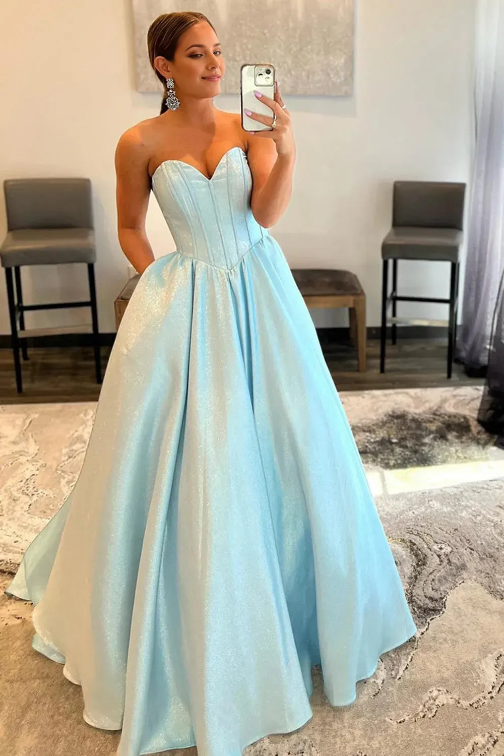 Elegant Blue A-Line Sweetheart Neck Strapless Back Zip Glitter Ballgown Floor-Length Prom Dress