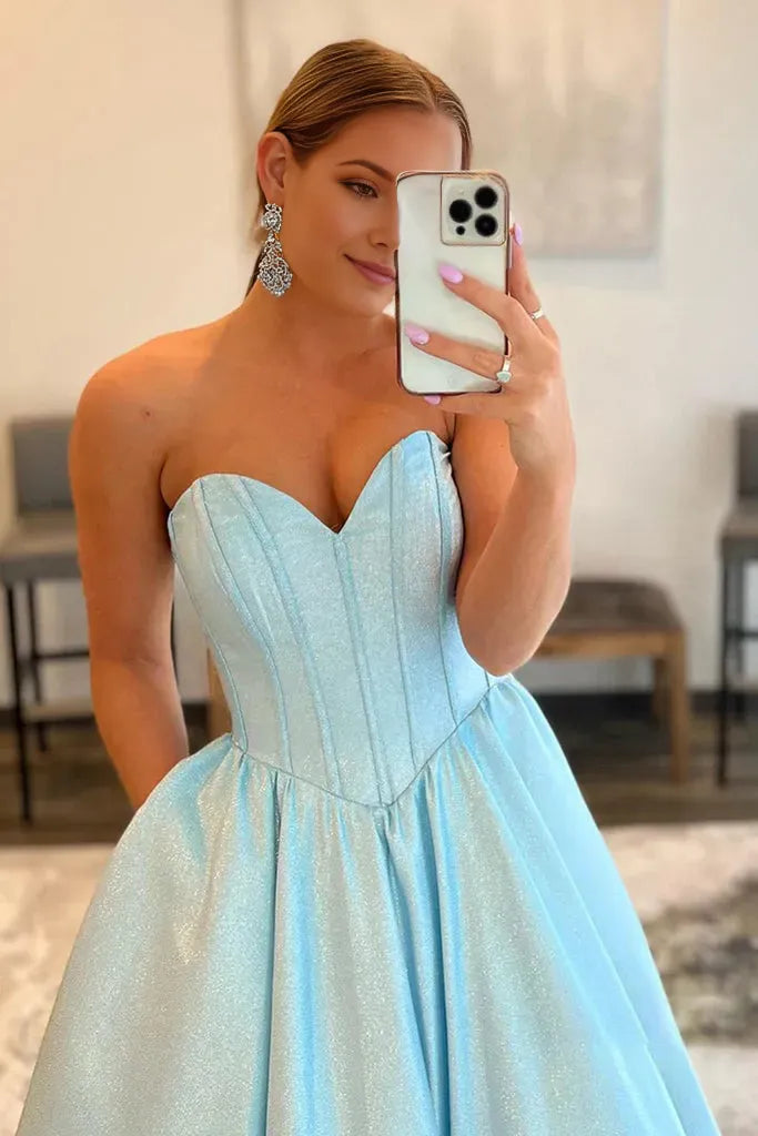 Elegant Blue A-Line Sweetheart Neck Strapless Back Zip Glitter Ballgown Floor-Length Prom Dress