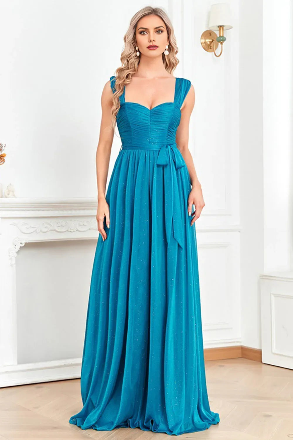 Elegant Blue A-Line Sweetheart Short-Sleeve Ruched Back Zip Floor-Length Prom Dress with Slit