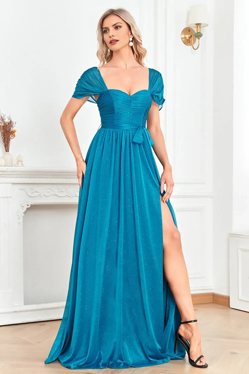 Elegant Blue A-Line Sweetheart Short-Sleeve Ruched Back Zip Floor-Length Prom Dress with Slit