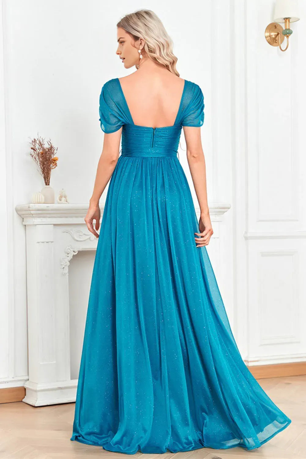 Elegant Blue A-Line Sweetheart Short-Sleeve Ruched Back Zip Floor-Length Prom Dress with Slit